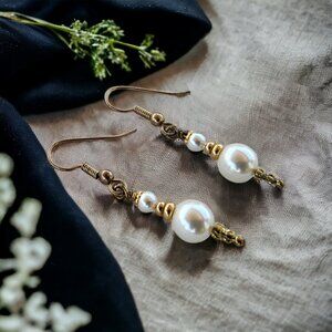 White Pearl Earrings with Gold Accents
